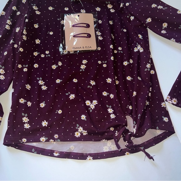 Emma & Elsa Size L 14 Long Sleeve Floral Burgandy Blouse With Hair Clip - Picture 8 of 9